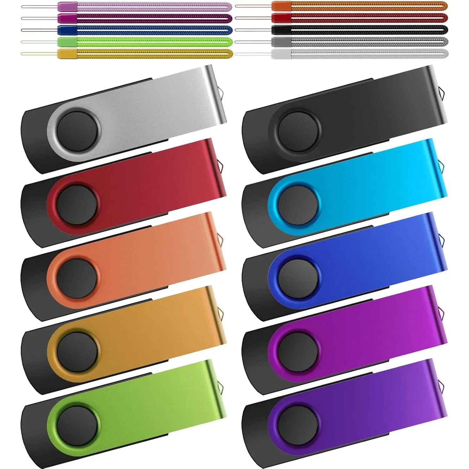Flash Drive 64GB Pack of 10 Thumb Drives Bulk 64 Giga USB Drives Value Metal USB 2.0 Memory Sticks Swivel Pen Drive 64 GB Portable Jump Drive Colorful Multipack Zip Drives for Data Storage