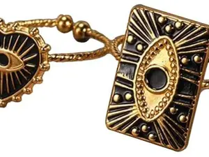 Evil Eyes Geometric Heart Shape Open Rings,Rectangle Turkey Lucky Rings (Adjustable,Set of 2)