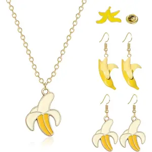 4 count Banana  Set for Women Summer Tropical Fruit Theme Earrings Cute Lifelike Banana Necklaces Charm Chic Pins Boho Beach Holiday Birthday Party  Gifts