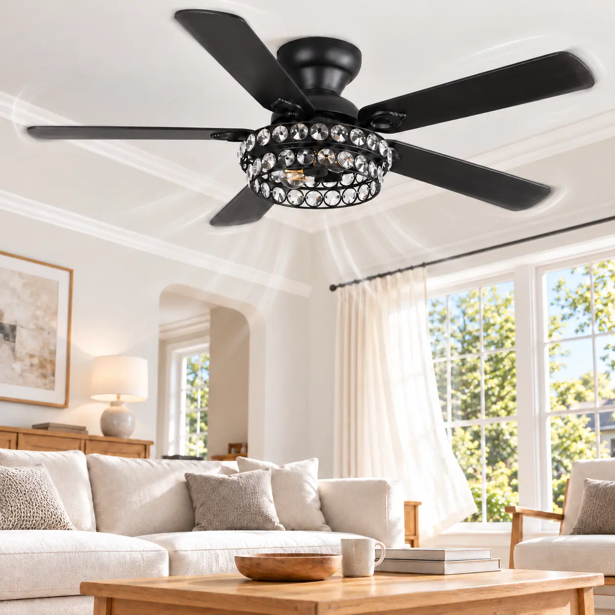 Openpals 52" Black Ceiling Fan with Lights, 5-Blade Flush Mount with Decorative Metal Cage, Quiet 6-Speed Reversible DC Motor, Remote Control, Natural Breeze & 1/2/4H Timer, 2 E26 Bulbs Required (Not Included), for Living Room, Bedroom & Dining Room