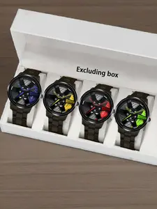 4-Piece Men's Fashion Watch Set: Alloy Wheel-Inspired Design, Stainless Steel Band Quartz Watches (No Box Included)