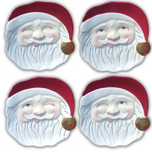 Glitterville 4 Red Papa Noel Cookie Plates, Ceramic Santa Claus Face Christmas Dessert Set, Holiday, Red, White & Gold Dinnerware, Table Decor