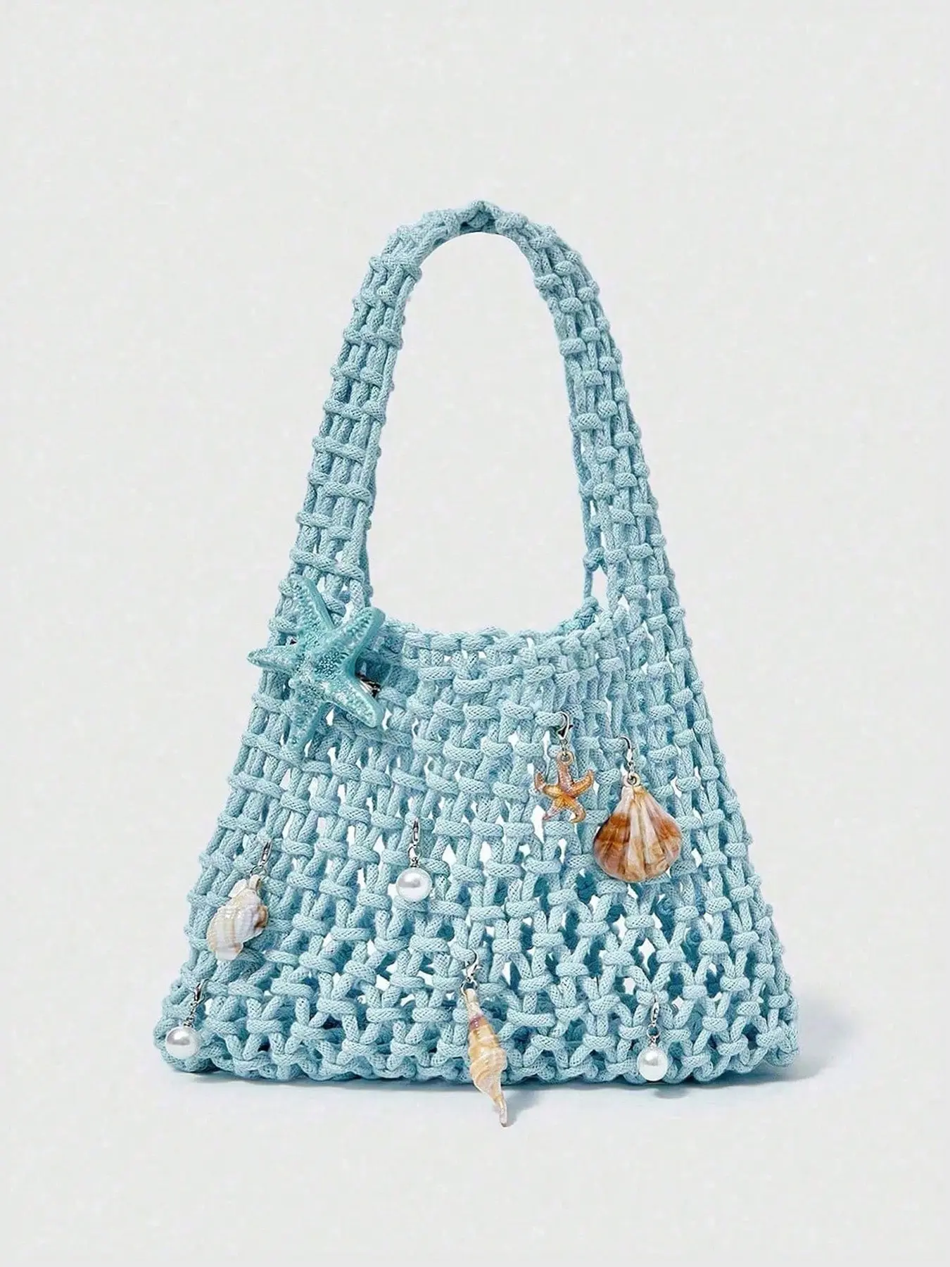 Seaside style fashionable retro atmosphere woven tote bag, decorated with starfish, shells, pearls, large storage capacity, suitable for vacation and leisure style, suitable for daily travel and dating Handcrafted Bag