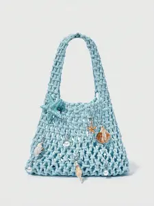 Gentle and stylish vintage woven handbag with starfish, shells, and pearls embellishment, sweet and exquisite style, can accommodate headphones and lipstick, suitable for party/vacation dressing scenes