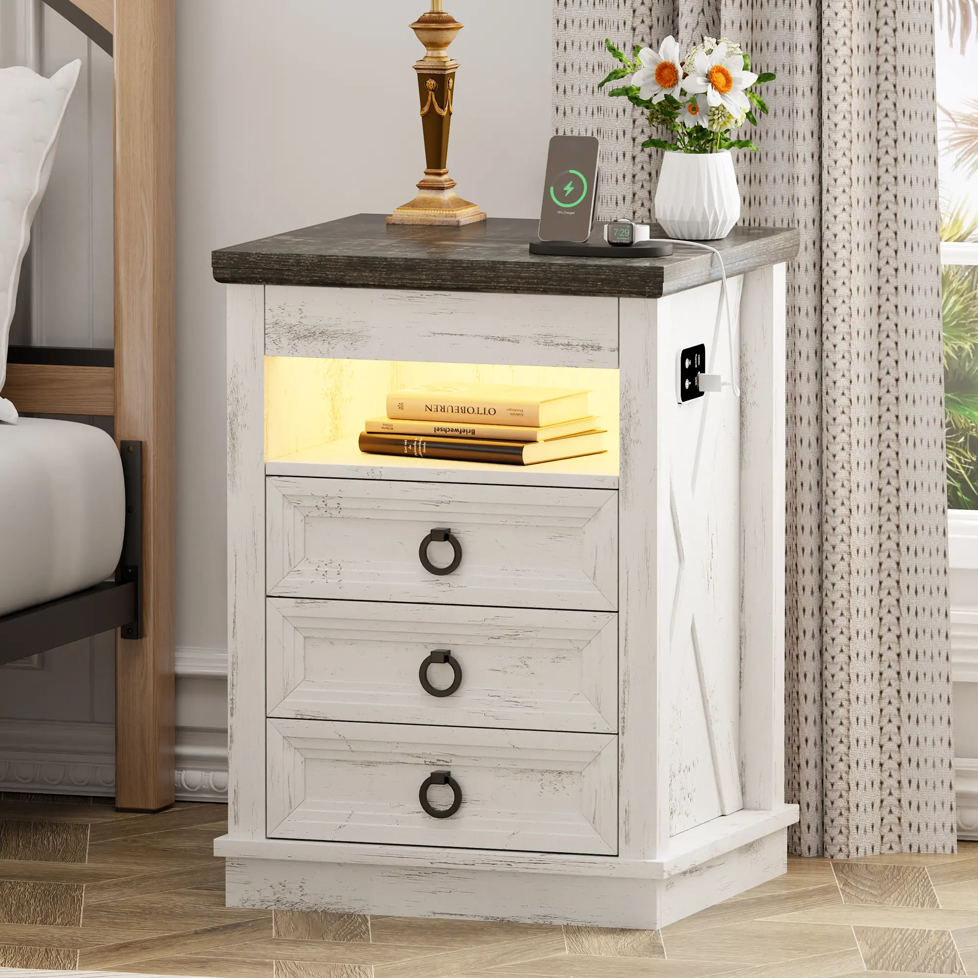 Lvifur Farmhouse Modern Nightstand with Lockable Gun Drawer, 3-Color Dimmable LED End Table with Charging Station, Wooden Tabletop Bedside Table with Human Sensor Light, 3-Drawer Furniture for Bedroom