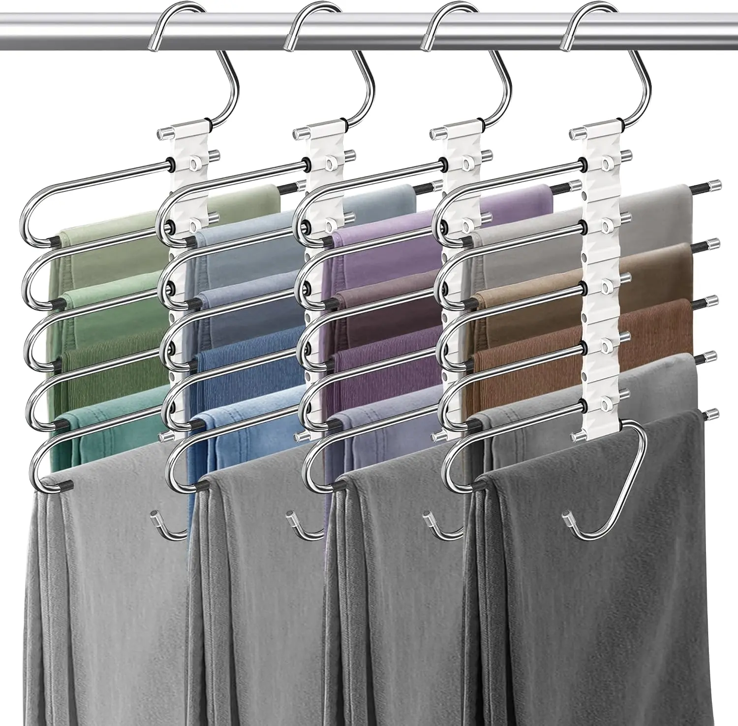 Multifunctional 9-Tier Stainless Steel Smooth Edges Durable Pants Hanger - Foldable Space-Saving Bedroom Closet Organizer for Small Spaces, Non-Slip Coating, 5 Extra Plastic Hooks, ABS Hanging for Leggings, Jeans