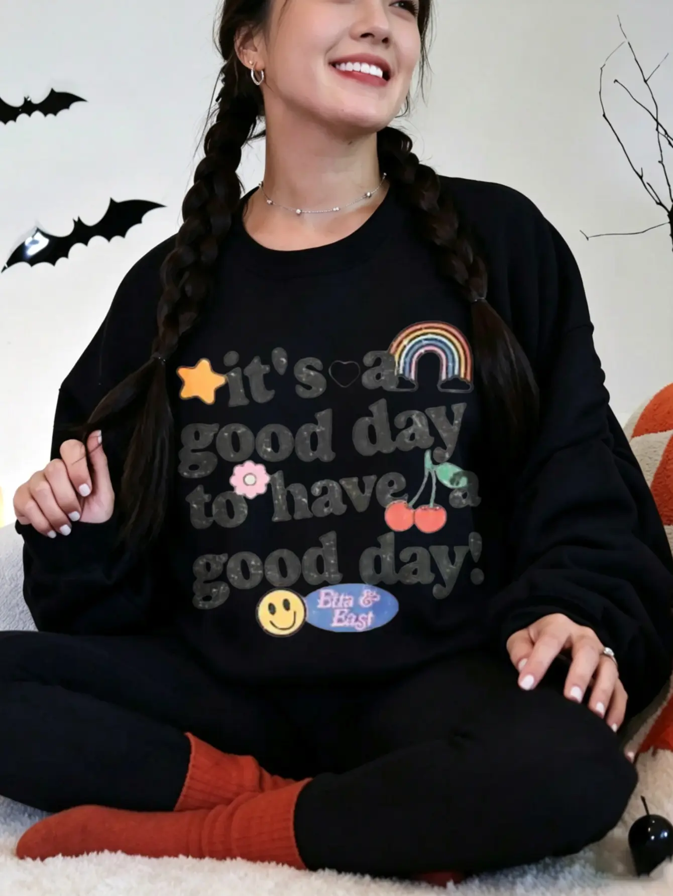 Gildan Vintage Good Day Positive fall Sweatshirt Retro Rainbow Cherry Smile Face Motivational Oversized Crewneck Pullover For Women, Crewneck Sweatshirt, Cold Wash, Cotton Poly, Medium Length, Motivational Art