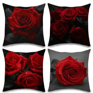 Valentine's Day Pillow Covers Set of 4, Romantic Rose Design, Polyester Material, Multiple Sizes Available
