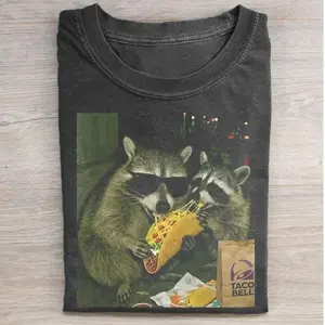 Raccoon Taco Bell Eating Meme T-Shirt, Funny Trash Panda Shirt, Hungry Raccoons Sharing Taco Bell Food Scene, Fast Food Humor Graphic Tee, Night Snack Animal Meme Gift, Unisex Cotton Crewneck T-Shirt Menswear Womenswear Streetwear Top