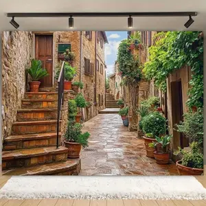 Top Choice 1pc Italian Mediterranean Street Wall Hanging Tapestry - Rustic Stone Homes & Abundant Greenery Design, Soft Polyester, Home Decor Items, Bedroom Accent, Birthday Backdrop (Festive & Party Supplies, Backdrops & Banners), Room Decor,