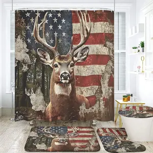 4pcs Vintage American Flag Deer Shower Curtain Set – Soft Thick Fabric with Rustic Wildlife Design, 4th of July Inspired Bathroom Decor, Extra Plush Bath Mats for Cozy Patriotic Ambiance