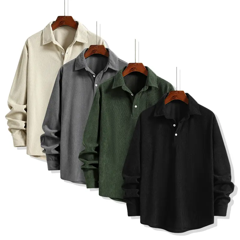 American old-money style corduroy long-sleeve polo shirt with a turn-down collar and half placket, loose drop-shoulder design, suitable for fall/winter layering and everyday wear; casual basic top.