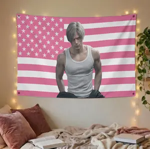 Leon Kennedy Resident Evil Flag Pink USA Style Aesthetic Wall Decor Tapestries Gamer Girl Bedroom Gift