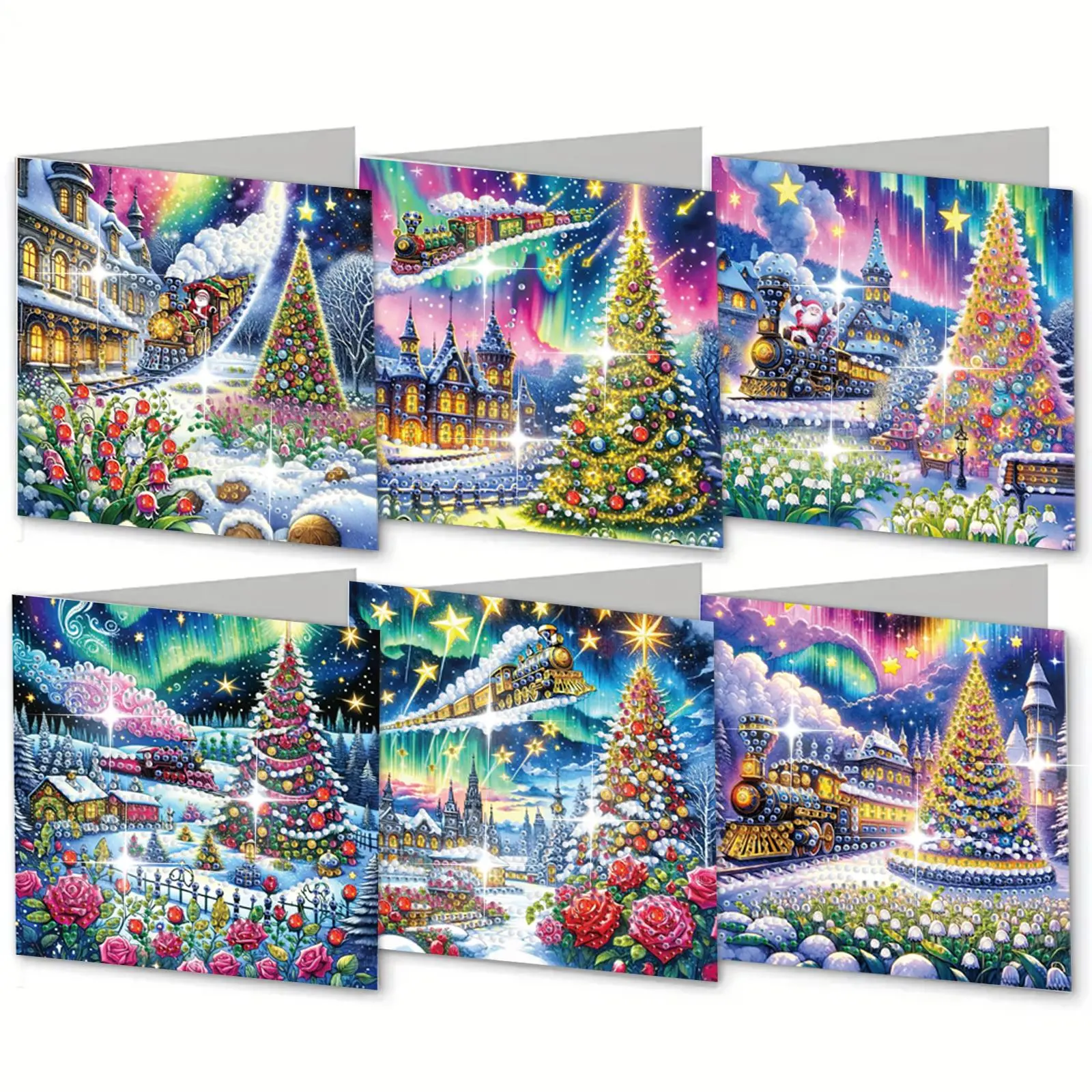 Tree & Train Pattern DIY Handcraft Diamond Arts Colorful Painting Kit, 6 Counts/set Irregularly Shaped Diamonds Decor Greeting Card for Blessings and Wishes Diamond Painting Kits