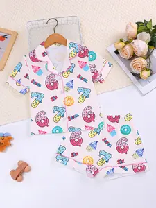 Fire Retardant Fabric Sleepwear Set, Cute Cartoon Print Pajamas, Short Sleeve Open Front Top & Loose Elastic Shorts