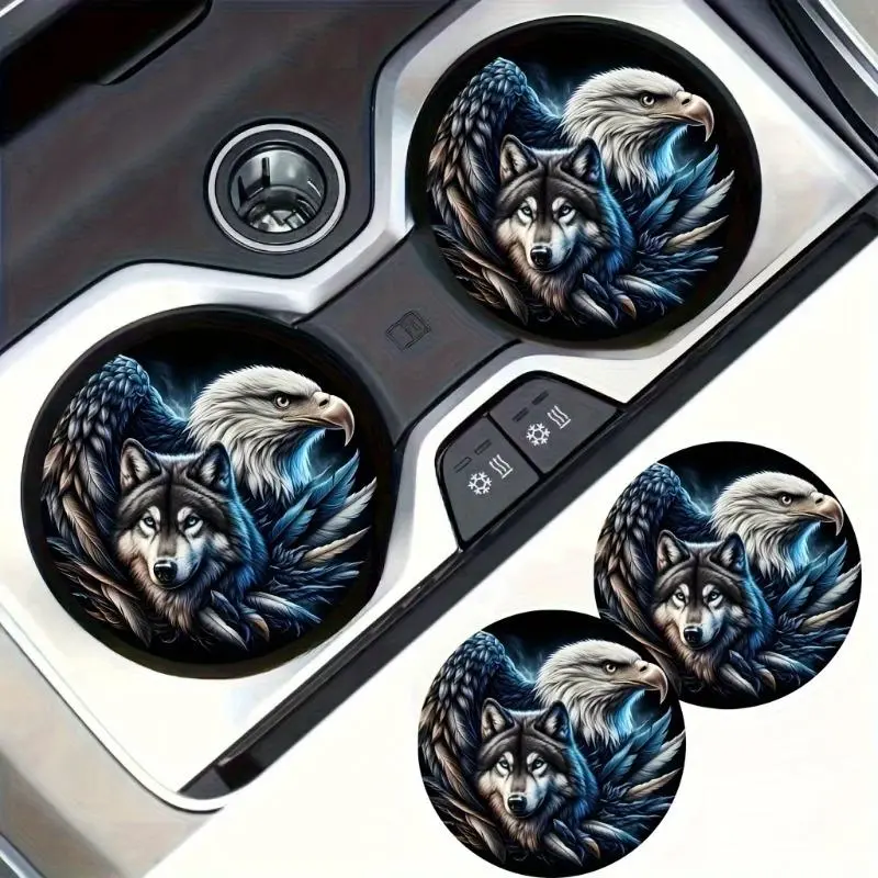 4pcs Eagle and Wolf Car Coasters- Easy-to-Clean Car Cup Holders, Majestic Wolf and Eagle Design, Great Gift for Friends, Home or Office Desk Accessories, Artistic Coasters| Durable Car Accessories