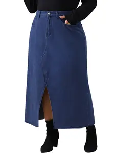 Agnes Orinda Women's Plus Size Vintage Denim Maxi Skirt Frayed Raw Hem High Waist Front Slit Long Jean Skirts Dark Blue