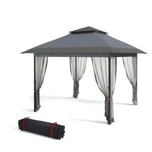 Gaomon 10x10 ft Outdoor Gazebo with Mosquito Netting, Popup Canopy Tent with 2-Tier Vented Roof & Metal Frame, 6-8 Seats Large Shade Shelter for Patio, Backyard, Sand Bags Included, Grey