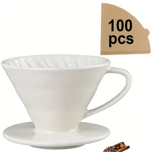 Ceramic Pour over Coffee Maker, 100pcs Filter Paper, Single Cup Dripper, Manual Porcelain Brewer, Ideal for Travel, Camping, Office, Home, Cafe, Coffee Gifts