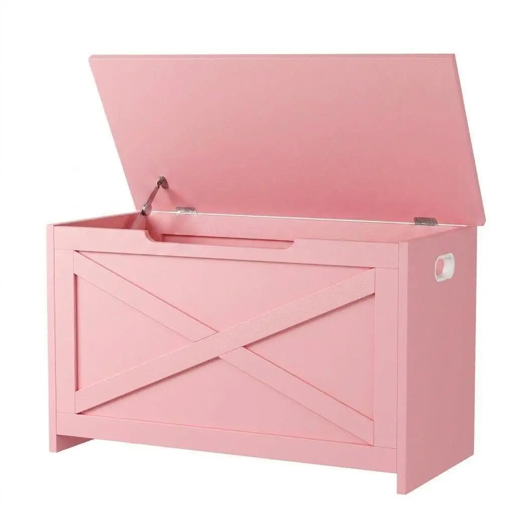 30in Wooden Toy Chest with Safety Hinge, Farmhouse Storage Bench for Playroom, Entryway, Living Room or Bedroom, Pink
