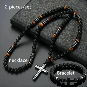 2pc 18mm bead matte black natural stone yellow tiger eye cross pendant necklace - Men's cool jewelry gift - Men - Daily wear Festive gift Halloween gift Christmas gift