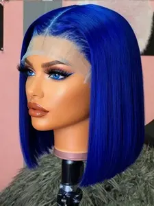 Blue 180% Density Bob Wig, Human Hair 13x4 Transparent Short Straight Lace Front Wigs, Glueless Frontal Wig for Women
