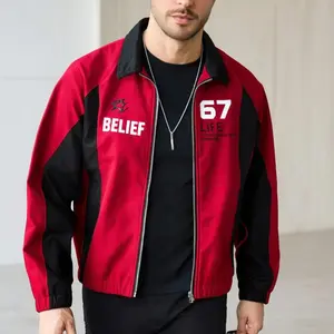 Men’s loose streetwear jacket with color-block panels, stand collar, numeral and letter print, raglan sleeves