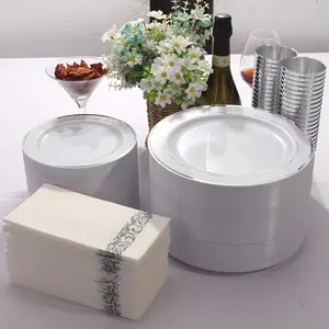 700 Pieces of Gold Tableware Suit, Ideal for 100 Guests Plastic Tableware Set Suit Includes: 100 One Gold Rim Dinner Plate 10.25 Inches, 100 One Gold Dessert Plate 7.5 Inches, 100 Napkins, 100 Cups 10 Ounces, 100 One Gold Plastic Silverware Suit Cutlery
