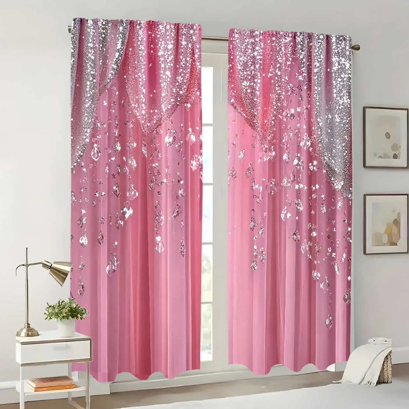 2 pieces of pink crystal sequin printed curtains, Home Decorative Curtain, made of polyester, creating a gentle and sweet atmosphere, suitable for bedroom with a girlish style, princess room and other home decorations