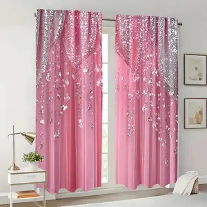 2 pieces of pink crystal sequin printed curtains Window Curtain, made of polyester, creating a gentle and sweet atmosphere. Suitable for bedroom with a girlish style, princess room, children's room, makeup room and other home decorations