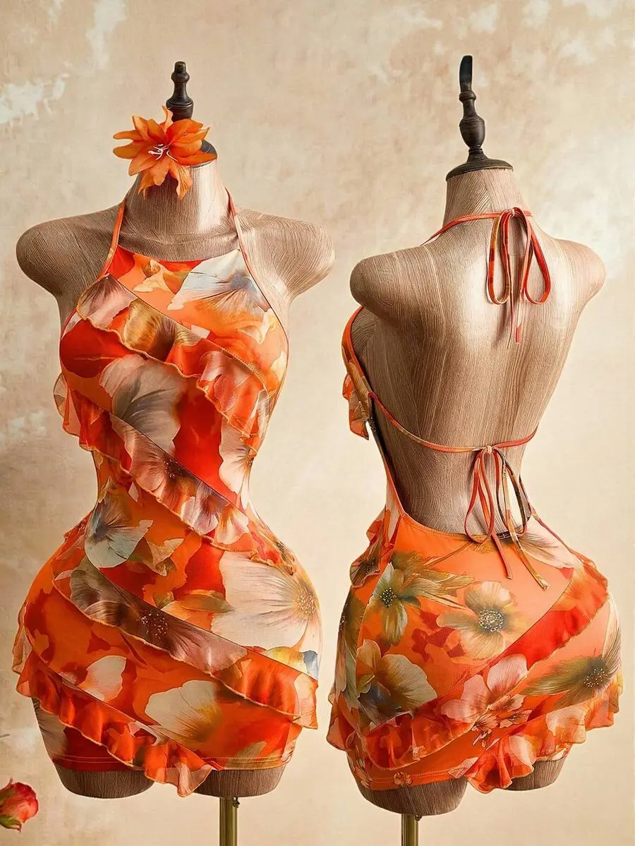 Mistrie Lady's Orange Red Floral Print Halter Dress,Boho Summer Holiday Vacation Sweet Spicy Style,Ruffled Border Design,Y2K Revival Slim Fit Dress
