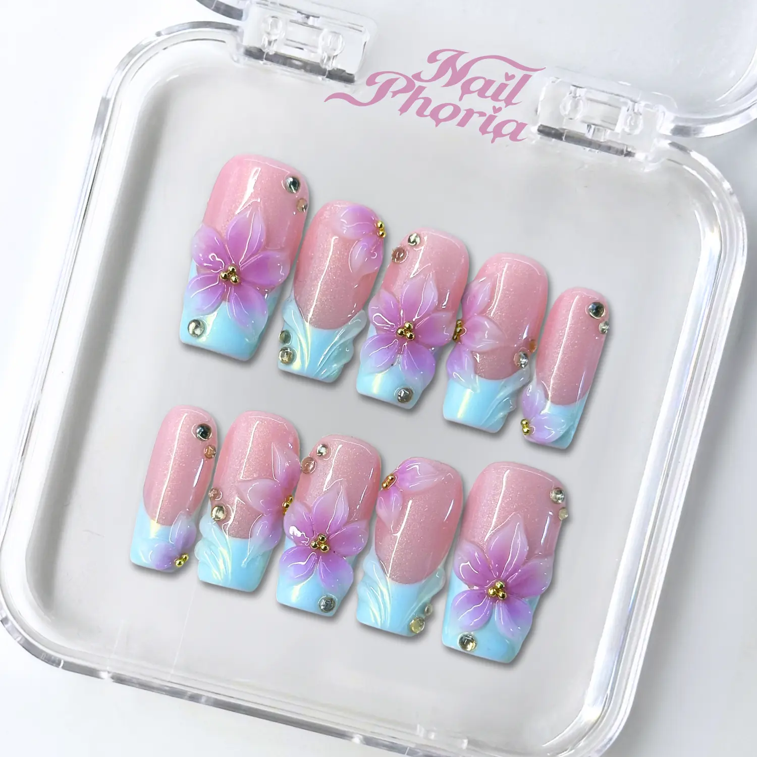 NailPhoria AQUA DREAM-SUMMER Handmade Press-On Nails | Reusable, Salon-Quality, Long-Lasting, Glossy Design