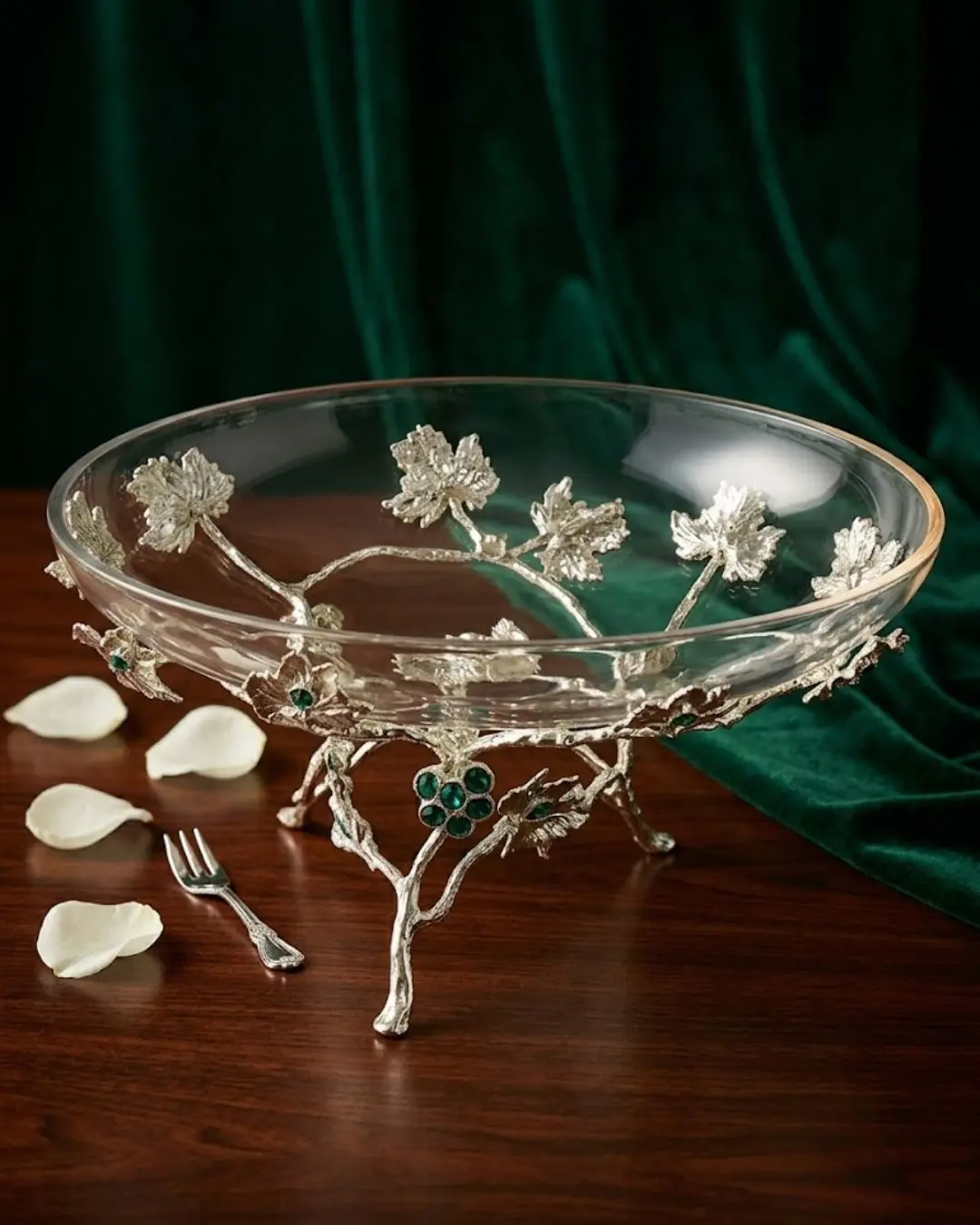 Luxury Glass Platter - Emerald Collection, Silver Leaf Accents, Emerald Accents