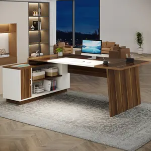 Tribesigns L-Shaped Executive Office Desk 70.5-Inch Mid-Century Modern Walnut & Black with File Cabinet Storage Shelves for Home Office