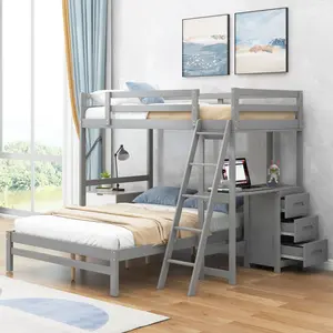 Twin Over Full Bunk Bed with Desk and 3 Storage Drawers, Solid Wood Bunk Bed Frame for Teens Adults