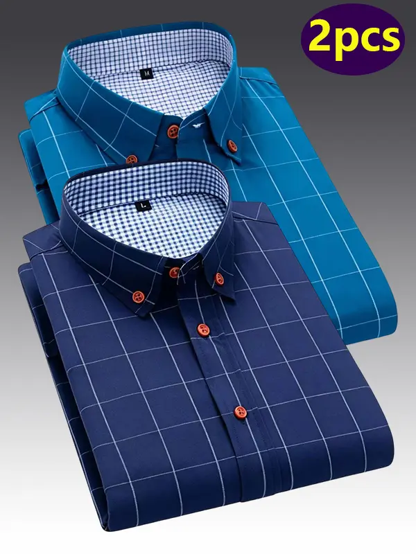 2-pack men’s plaid short-sleeve shirts for spring/summer—versatile everyday tops suitable for all occasions, work, casual wear, and travel; soft, wrinkle-resistant fabric; multi-piece set saves outfit planning time.