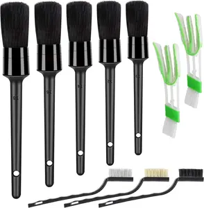 10pcs Detailing Brush Set, Multi-Purpose Car Detailing Brushes for Cleaning Car Interior, Exterior, Engine, Leather, Including 5 car cleaning brush, 3 Wire Brush, 2 Air Vent Brush,Black
