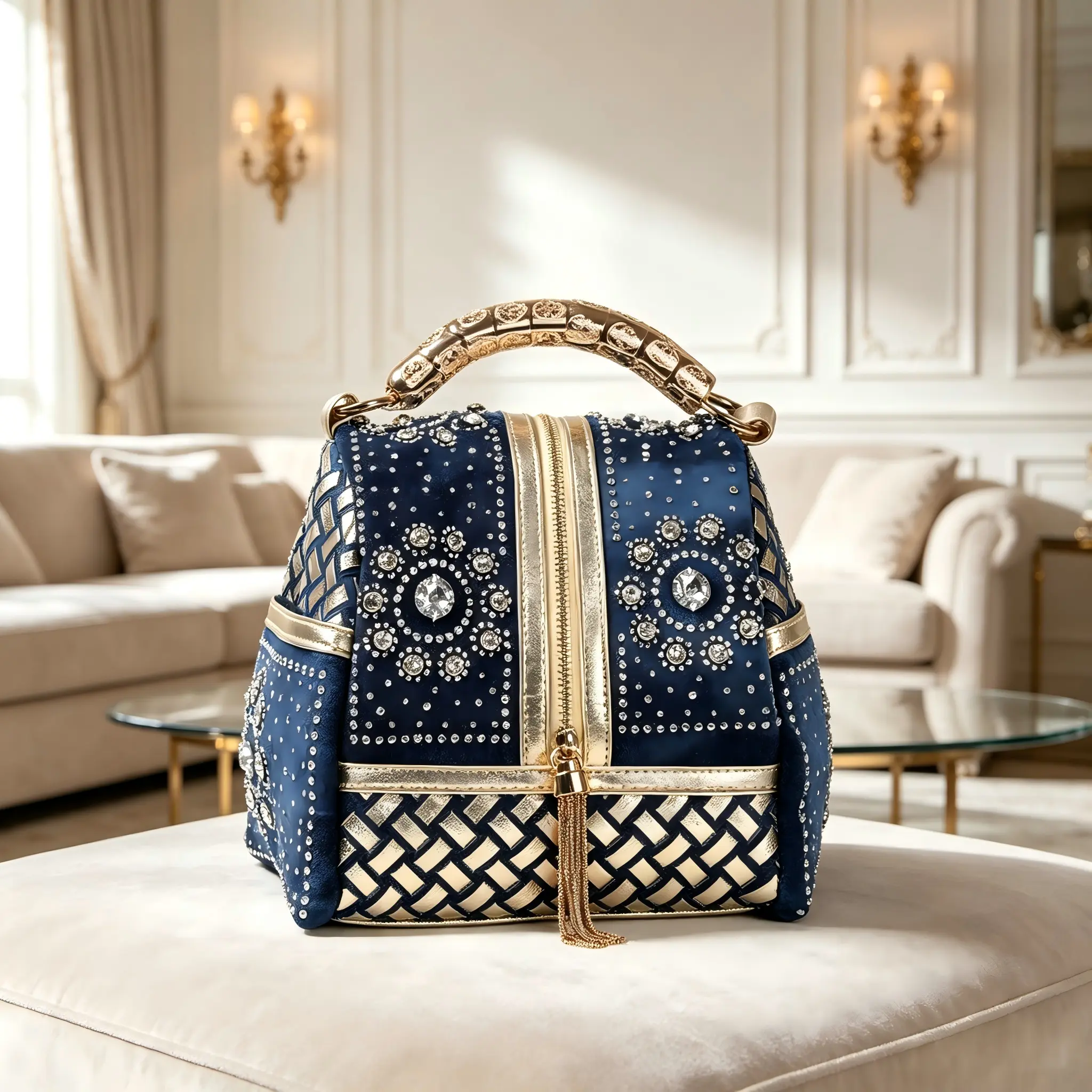 Luxury navy rhinestone handbag for women, gold woven spliced top handle purse, elegant tassel crossbody shoulder bag for wedding parties and evening events