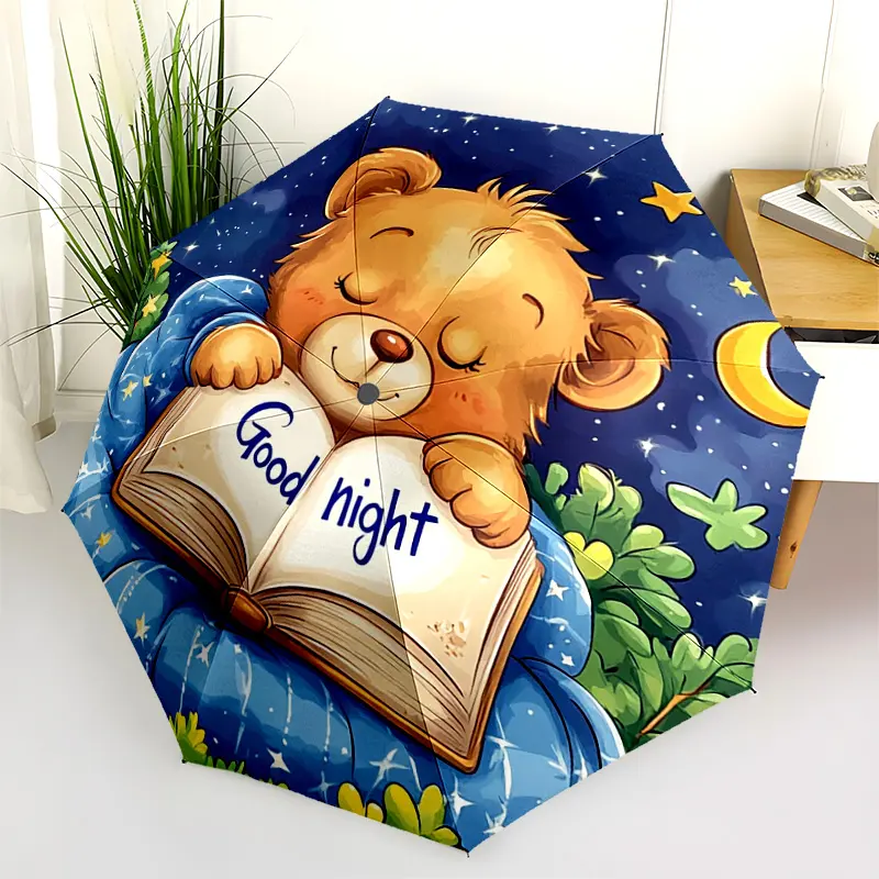 1 PC Automatic Folding Umbrella - Teddy Bear Reading Good Night Book Pattern, Portable & Foldable Design with 8 Ribs, Merry Christmas Pattern,Casual Outdoor Accessory Halloween and Christmas Birthday Gifts. D0079