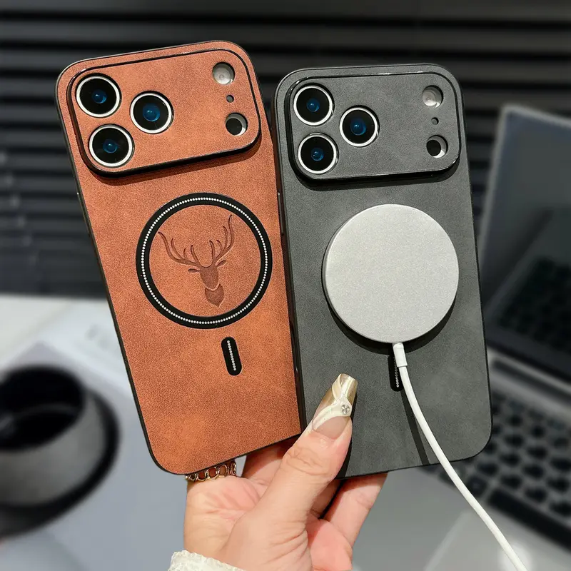 Luxury PU Leather Elk Deer Multi-Model Phone Case - MagSafe Fit, Raised Edge, Scratchproof, Wireless Charging Compatible, Camera Protection Accessory for iPhone 17 Pro Max/17 Air/16/15/14/13/12/11 Pro Max