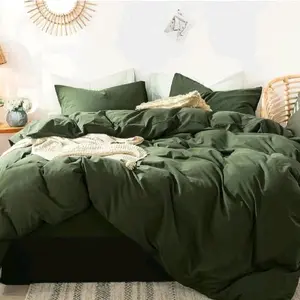 King Size MooMee Bedding Duvet Cover Set 100% Washed Cotton Linen Like Textured Breathable Durable Olive Green
