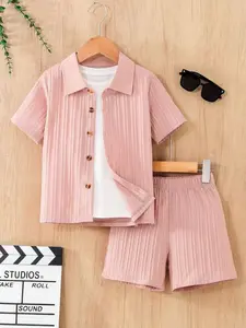Boys' Summer Fashion Set, Fresh Color Button Front Collar Shirt with Short Sleeve, Lightweight Breathable Shorts, 2-Piece