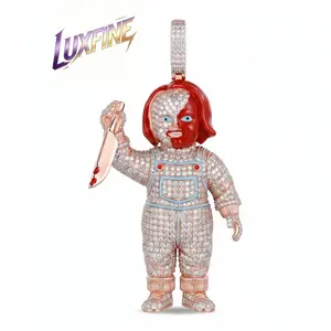 LUXFINE Iced Out Horror Doll Pendant,Solid Metal with Cubic Zirconia & Enamel, Silver Plated Hip Hop Statement Charm Necklace for Men