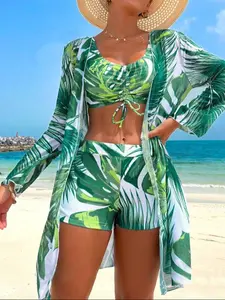 Three-piece Set Women's Leaf Print Bikini Set, Ruched U Neck  Swim Bra & Swim Shorts &  Long Sleeve Open Front Cover Up Top  Set, Ladies Tropical Print Swimsuit for Beach Holiday Vacation