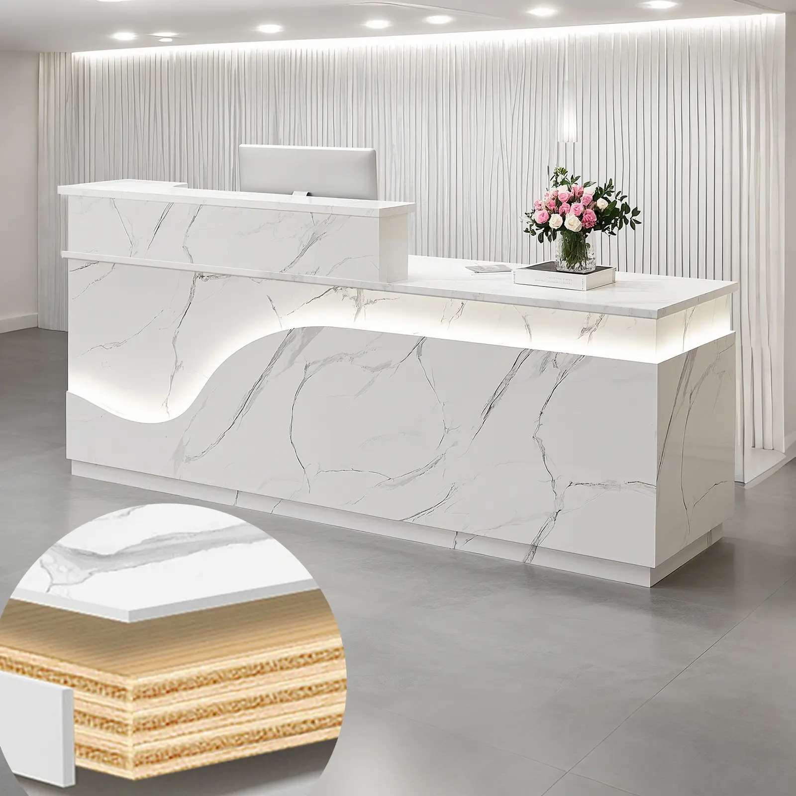 The all-white fishtail reception desk with belly patterns, featuring a high shelf, a locking drawer, a keyboard tray, a wiring aperture, and a storage cabinet, is suitable for shops, companies, and hotels