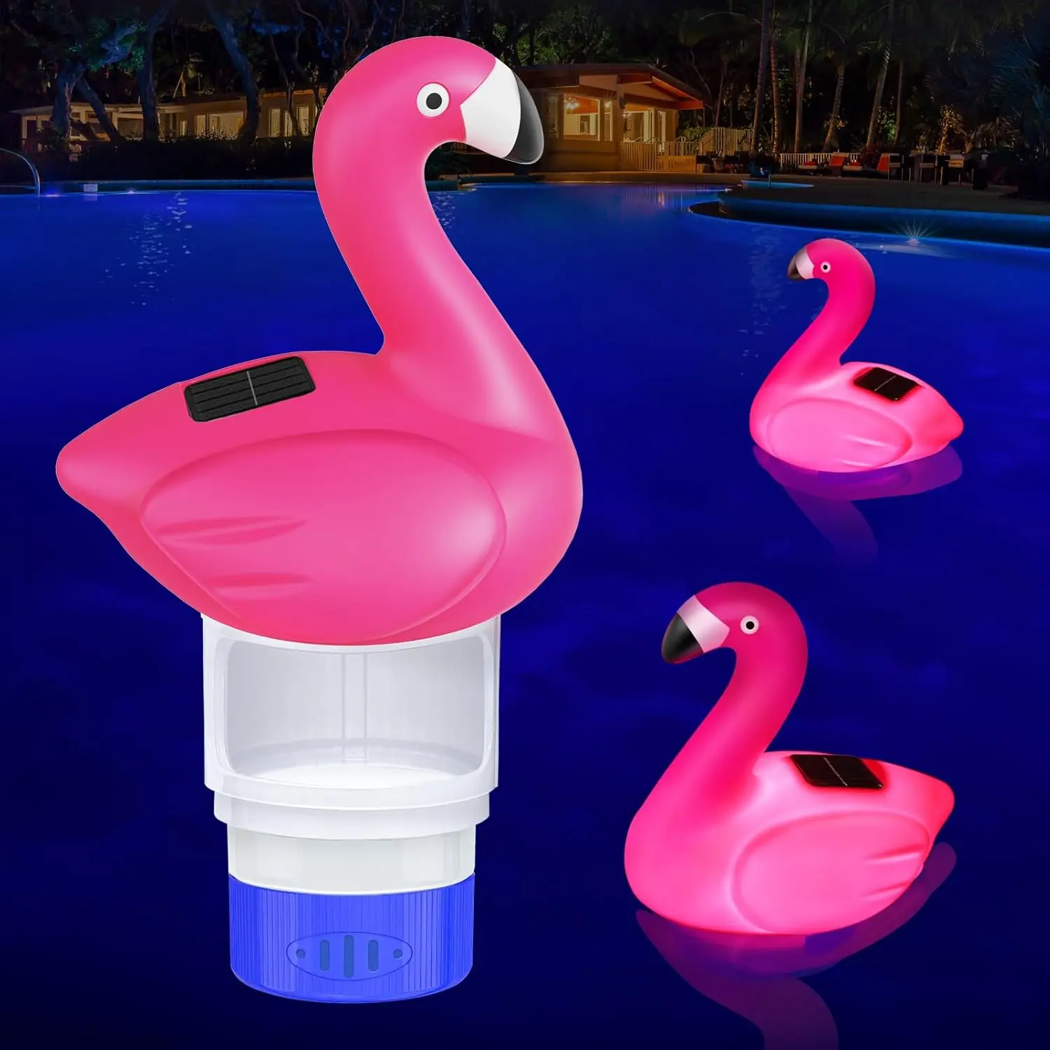 Halloween Fall Gift Pool Chlorine Floater, 9 in Flamingo Chlorine Floater with Light, Solar Chlorine Floater w/Adjustable Flow, Large Size Chlorine Tablet Floater, Never-Sink Floating Chlorine Dispenser for Pool