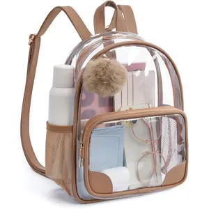 Small Clear Backpack for Stadium Events Anti-theft Mini Clear Bag for Sport Event Concert with Cute Pom-pom Ball