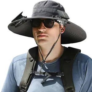 Solar Powered Fan Hat with 2 Removable Fans, Wide Brim Sun Protection Hat, USB & Solar Dual Charging Cooling Hat for Outdoor Fishing, Hiking and Gardening