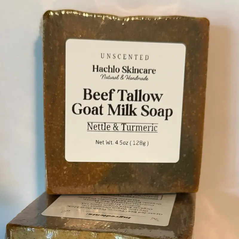 Unscented Nettle & Turmeric Beef Tallow & Goat Milk Soap Bar - with Colloidal Oatmeal and Honey⁠