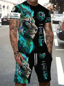 American Streetwear Sports Activewear Set, Trendy Lion King Print Short Sleeve T-Shirt and Shorts Two-Piece Set, Casual Floral Slim-Fit Polo